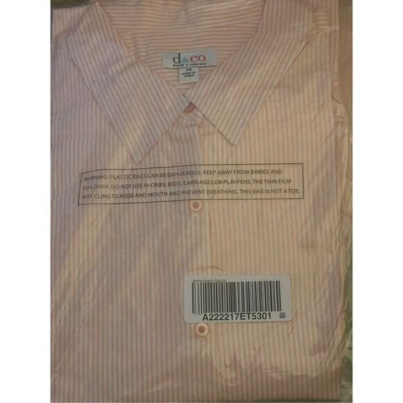 Denim & Co Women 3X Button Front Long Top Peach White Stripe Roll Tab Sleeve NWT - Picture 2 of 7